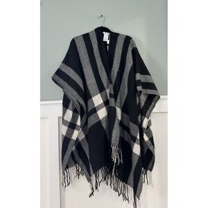 NWT Three‎ Dots Black Gray Erin Plaid Open Front Wrap Shawl Fringe Neutral OS